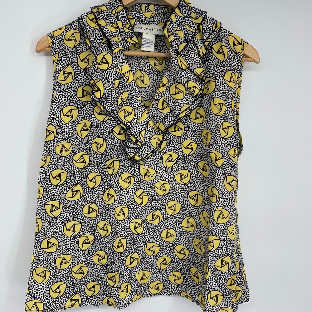 Doncaster Silk Blouse Women's 14 Abstract Floral Ruffle Collar Luxury Old Money